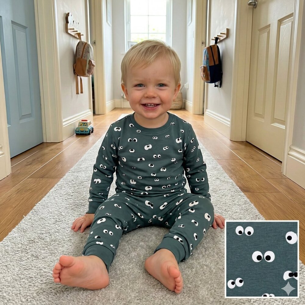 Fun Monster Eyes Print Pajama Set - Dark Green Long Sleeve Sleepwear